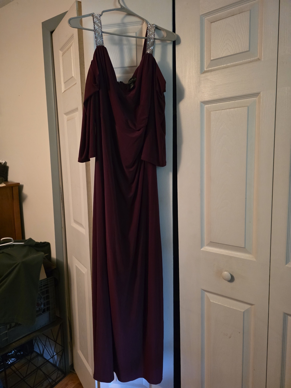 R&M Richards Burgundy Off-Shoulder Maxi Gown with Sparkle Straps